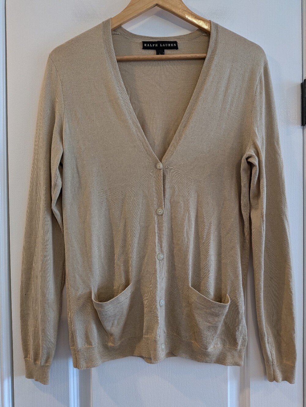 Ralph Lauren Tan Cardigan Cashmere Silk V-neck Classic Preppy Minimalist Size L